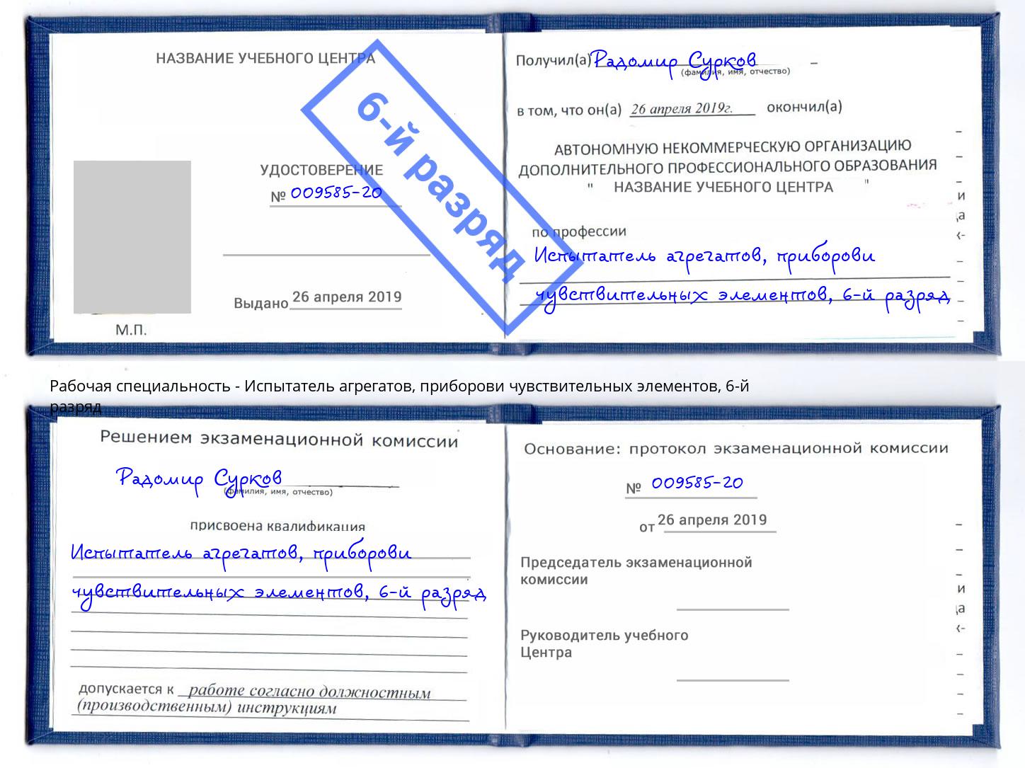 корочка 6-й разряд Испытатель агрегатов, приборови чувствительных элементов Тольятти