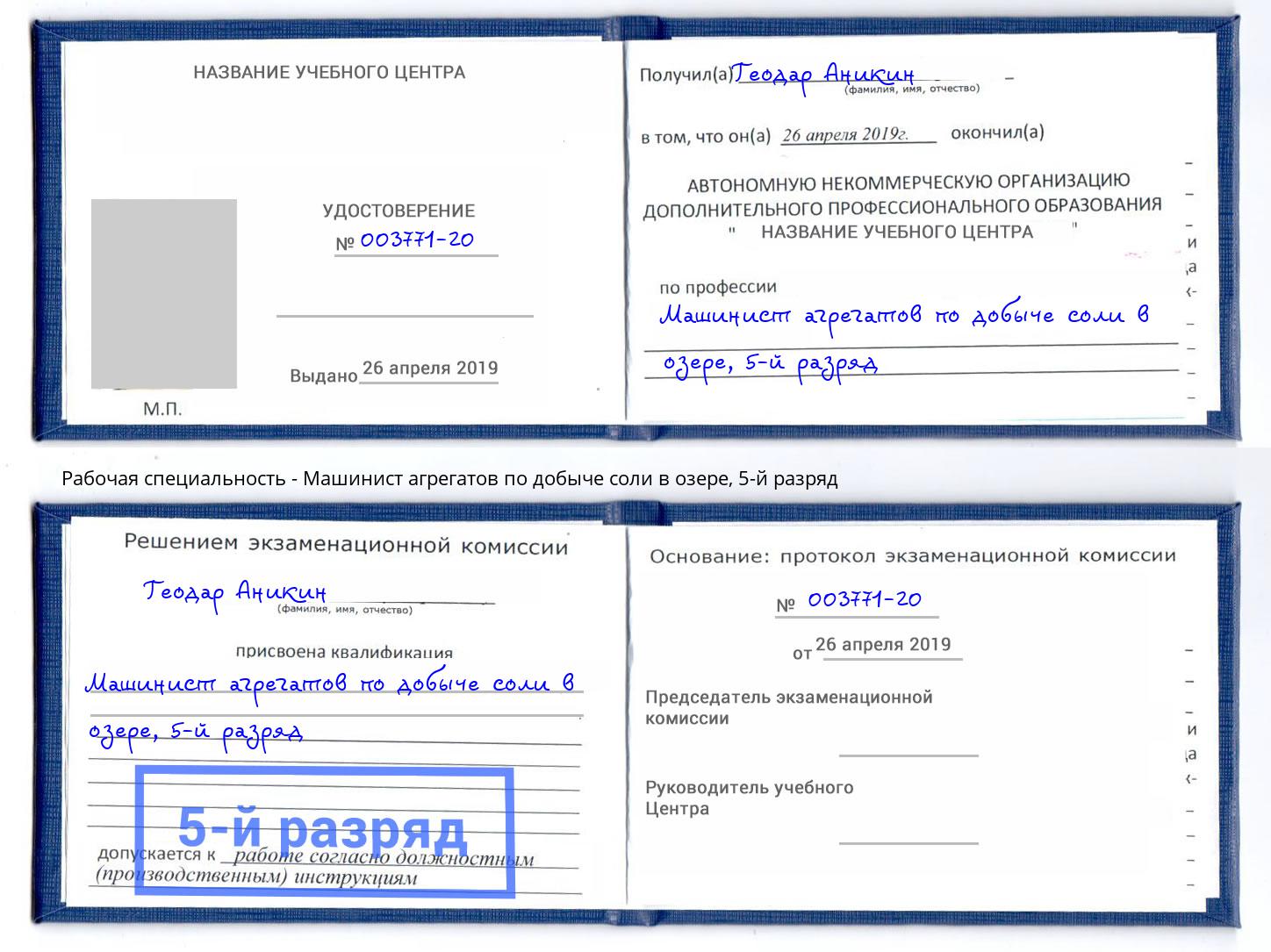 корочка 5-й разряд Машинист агрегатов по добыче соли в озере Тольятти