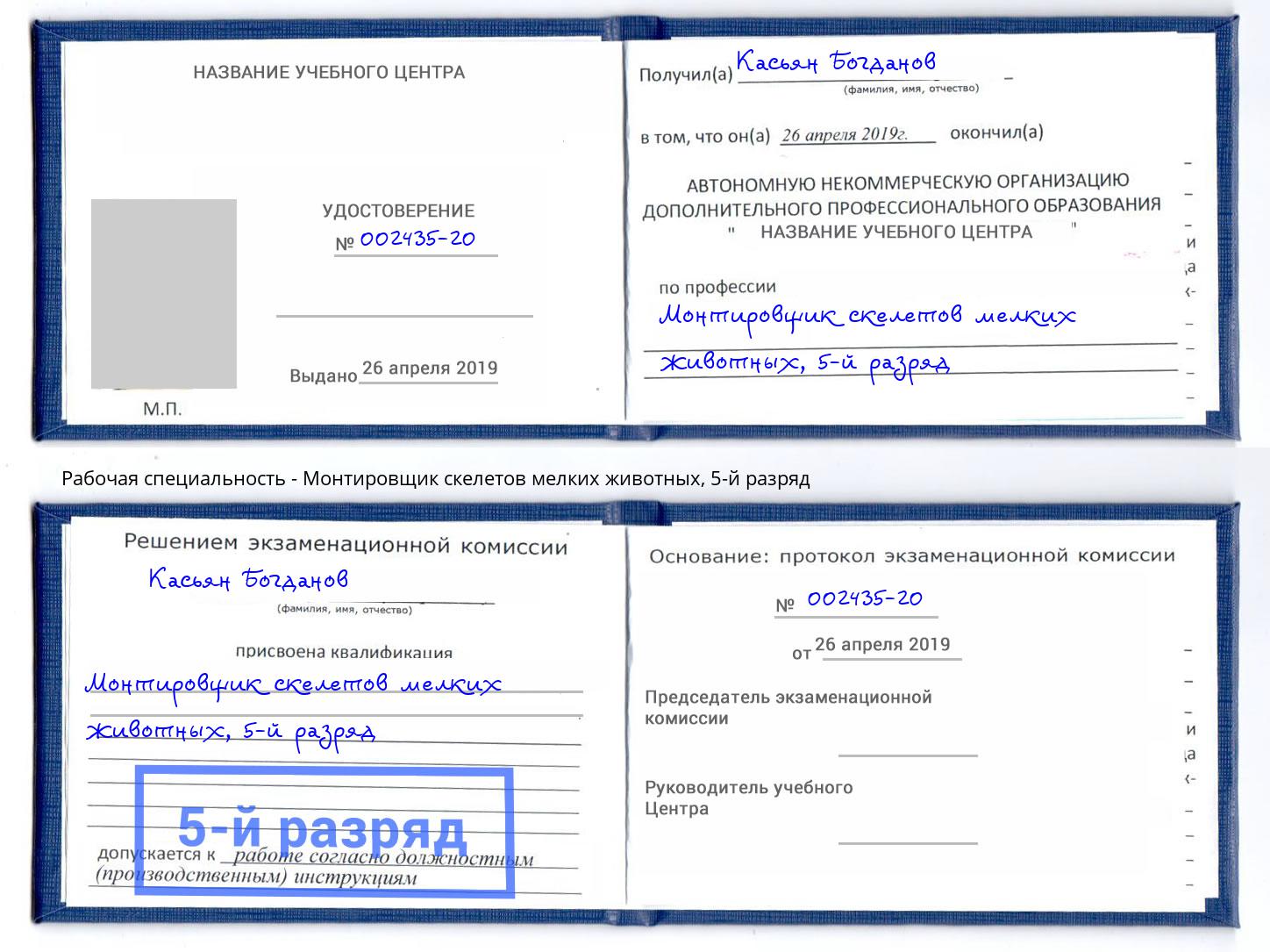 корочка 5-й разряд Монтировщик скелетов мелких животных Тольятти