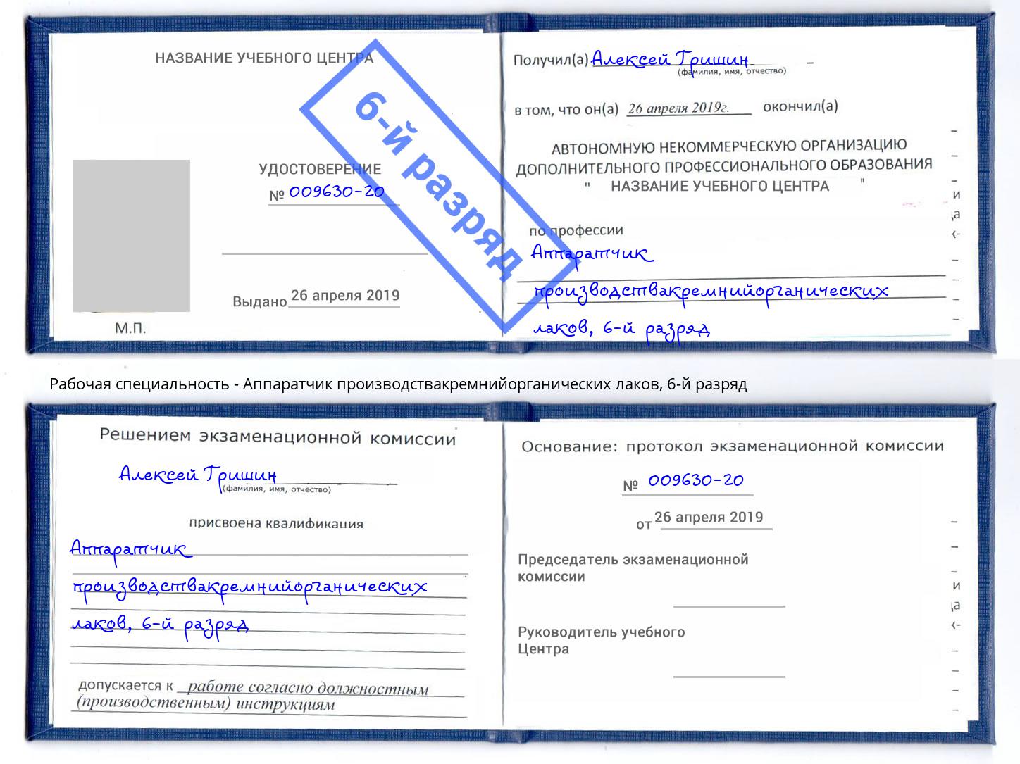 корочка 6-й разряд Аппаратчик производствакремнийорганических лаков Тольятти