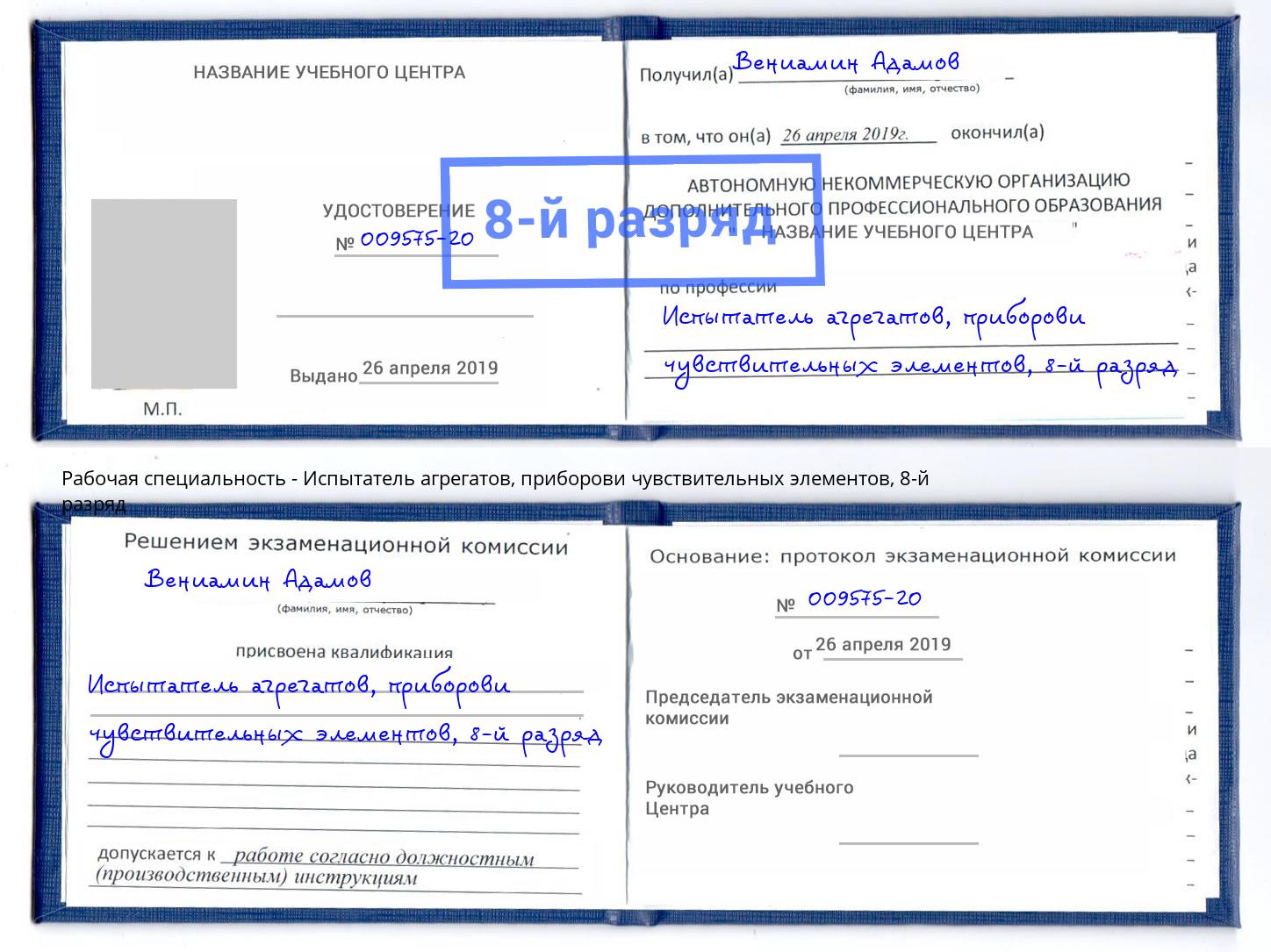 корочка 8-й разряд Испытатель агрегатов, приборови чувствительных элементов Тольятти